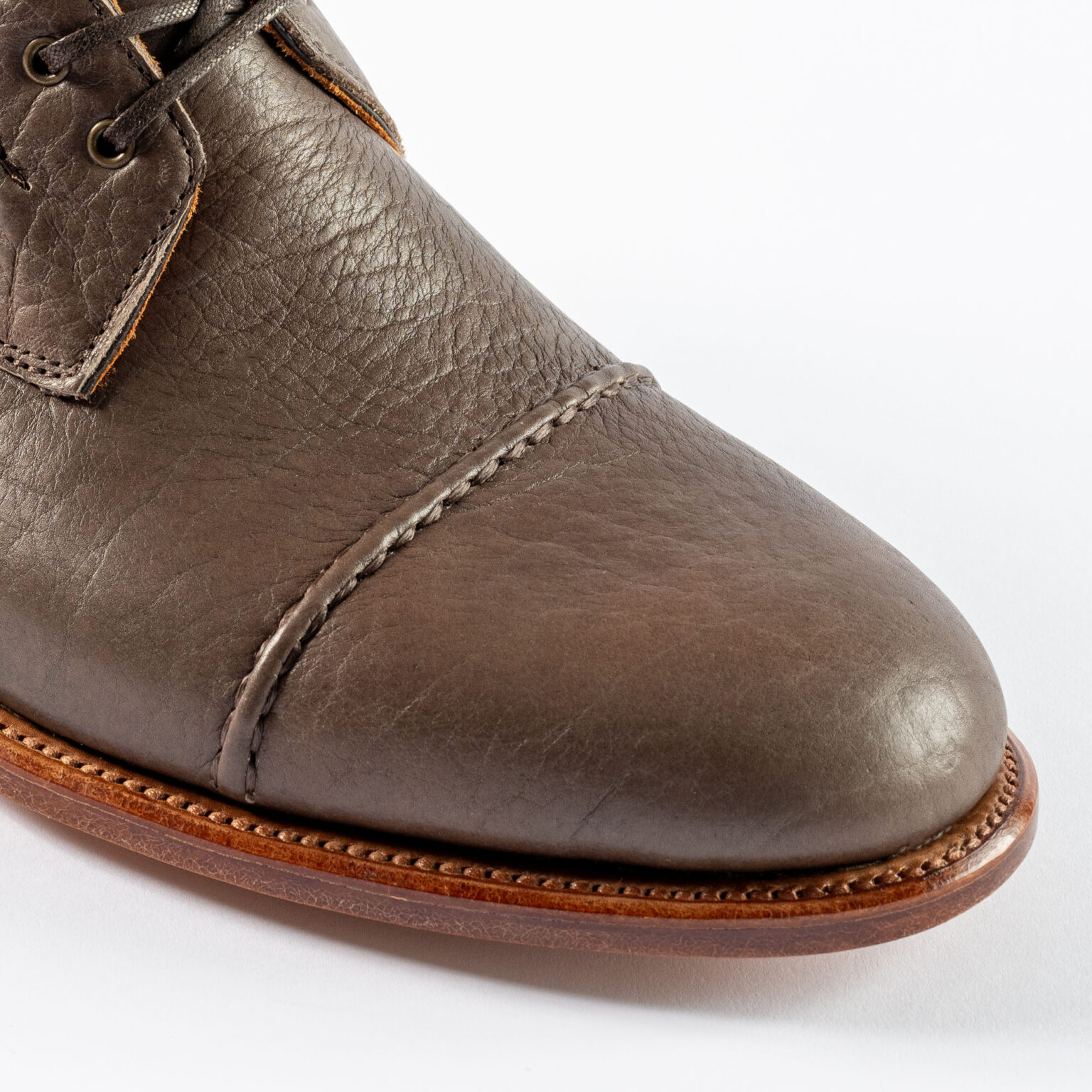 Closeup of vamp and toe of Barrack 'Stanley' WWII Boot in Grey Horween Veg Tanned Bison