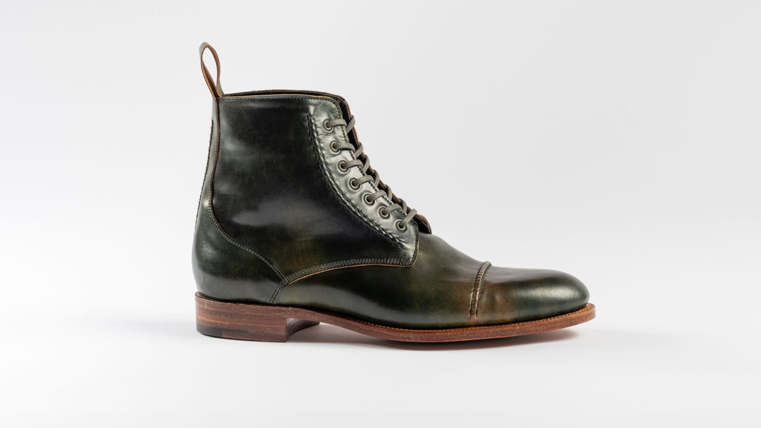 Side view of Barrack 'Stanley' WWII Boot in Black Marbled Horween Shell Cordovan