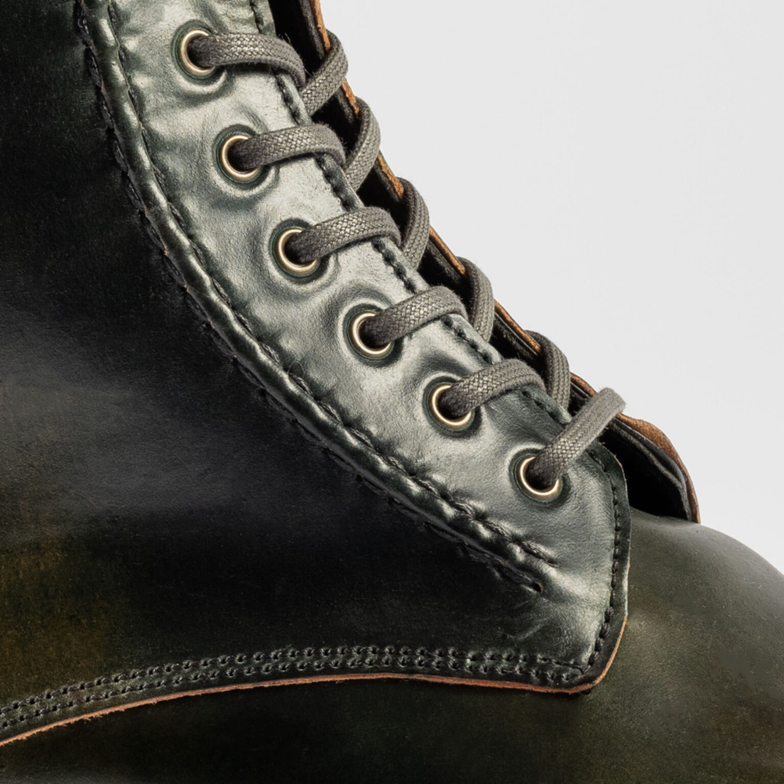 Closeup side view of Barrack 'Stanley' WWII Boot in Black Marbled Horween Shell Cordovan