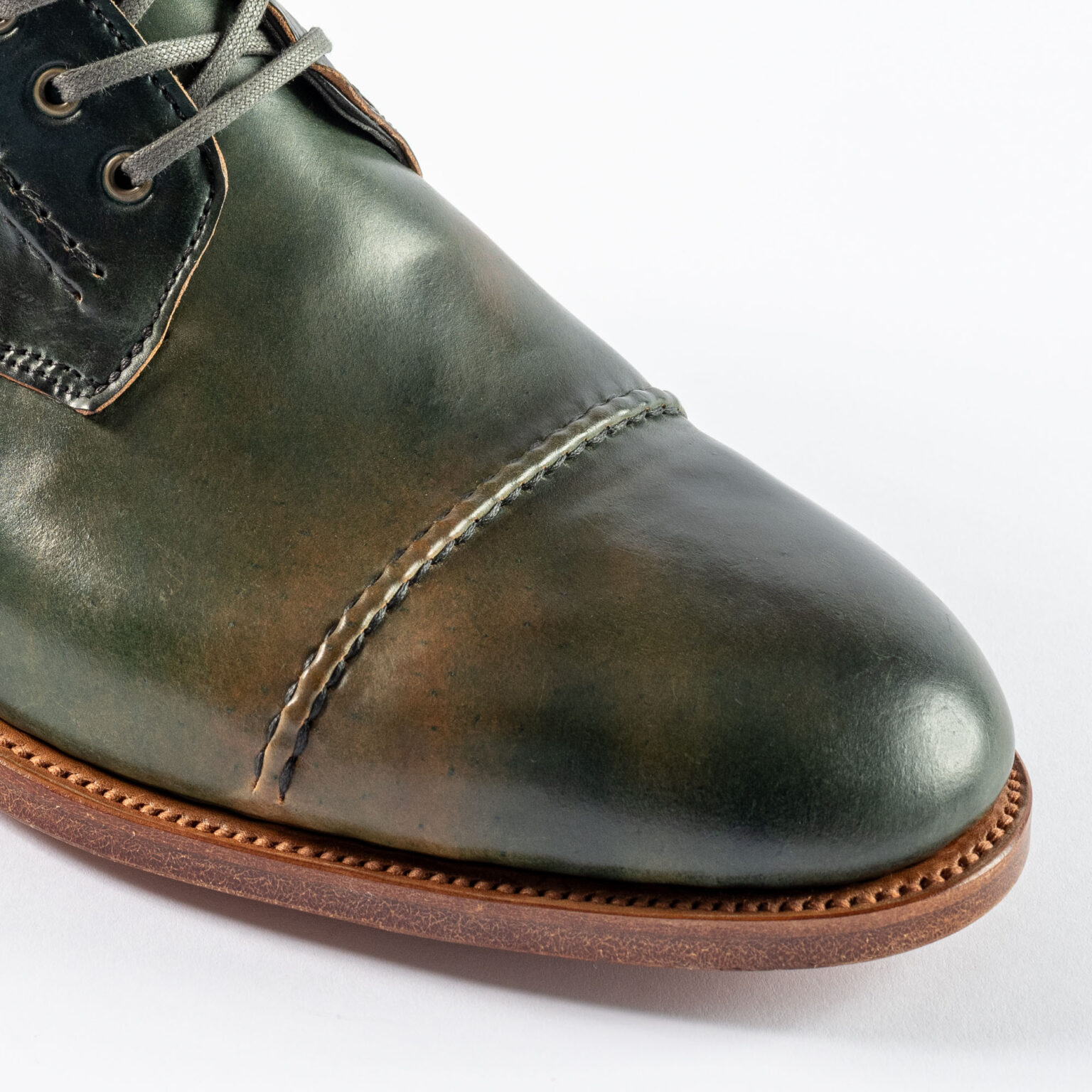 Closeup of vamp and toe of Barrack 'Stanley' WWII Boot in Black Marbled Horween Shell Cordovan