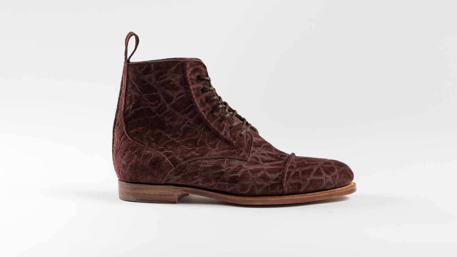 Side view of Barrack 'Stanley' WWII Boot in Dark Tobacco CF Stead Janus Calf with Edwin emboss