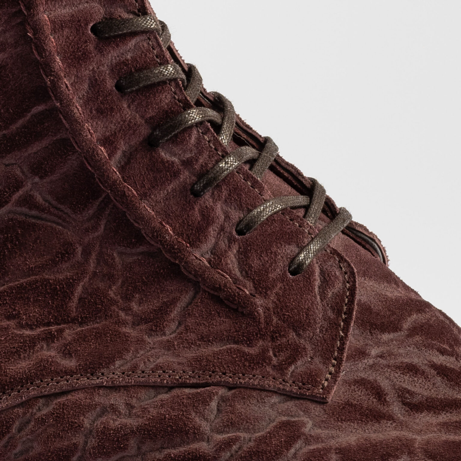 Closeup side view of Barrack 'Stanley' WWII Boot in Dark Tobacco CF Stead Janus Calf with Edwin emboss