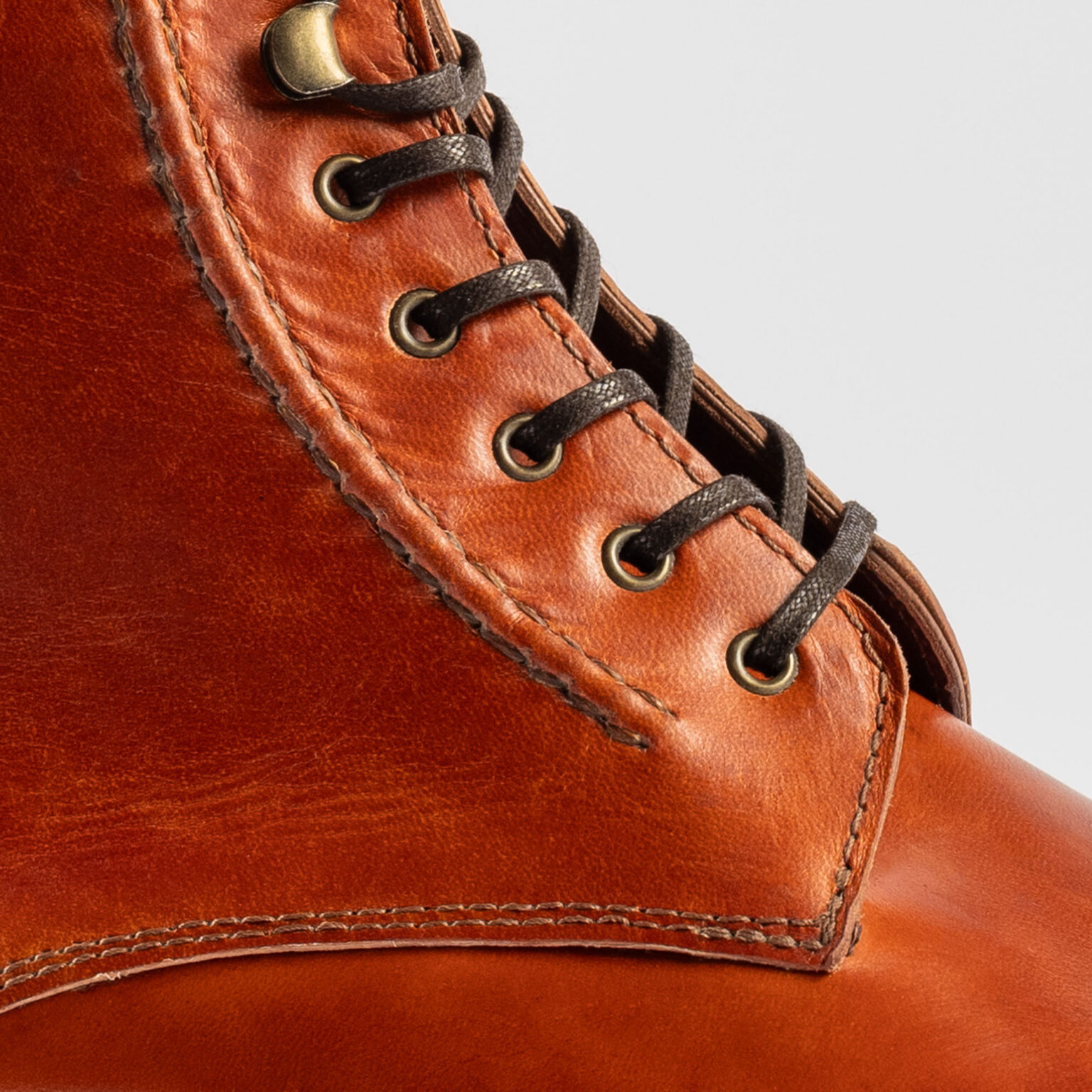 Closeup side view of Barrack 'Stanley' WWII Boot in Chestnut Spanish Veg Tanned Aniline Calf