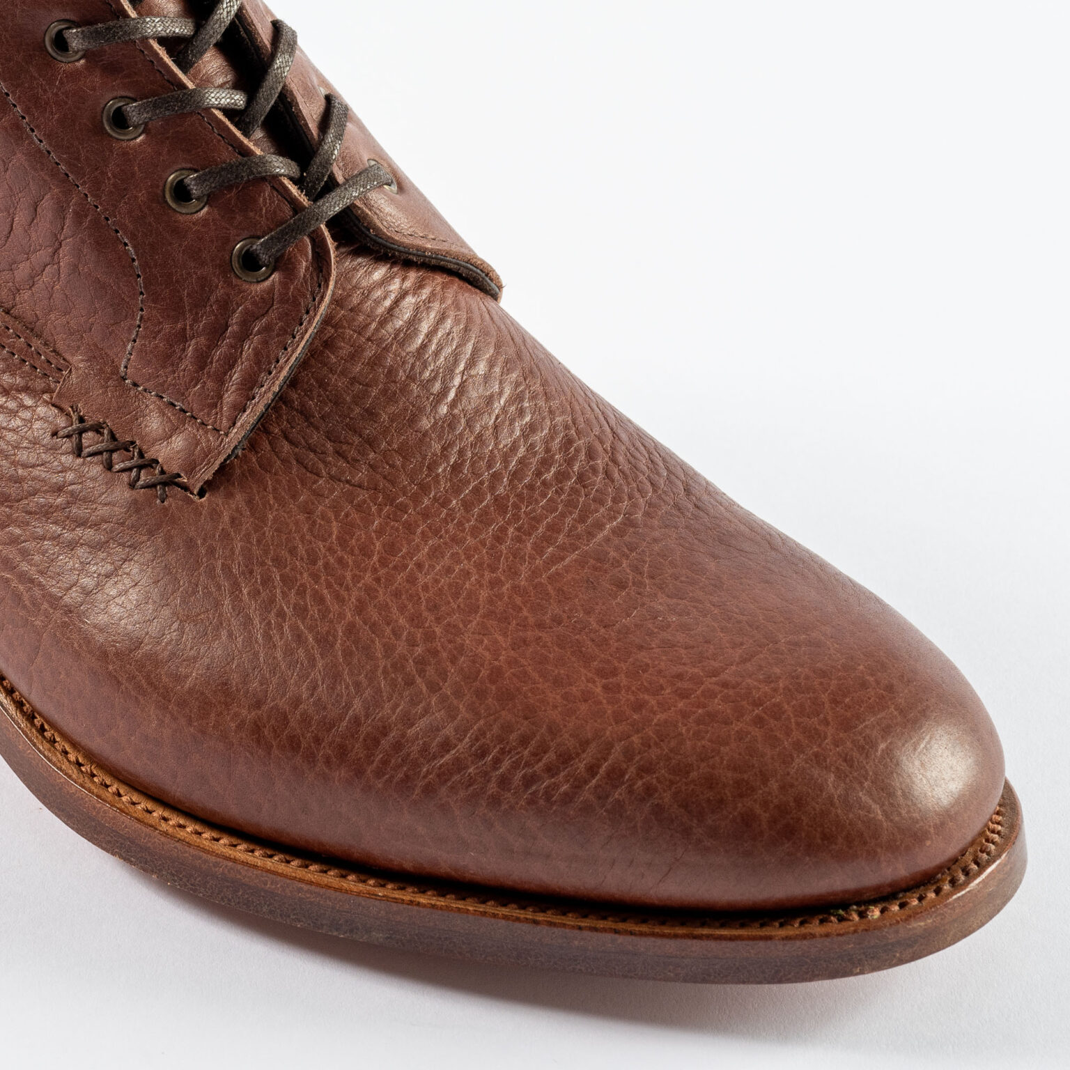 Closeup of vamp and toe of Daneville 'Komrade' WWI Boot in Brown Horween Veg Tanned Bison