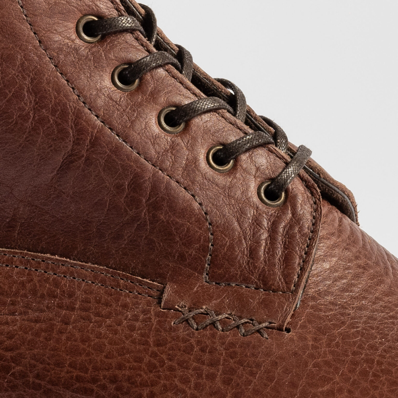 Close up of stitching on quarters of Daneville 'Komrade' WWI Boot in Brown Horween Veg Tanned Bison