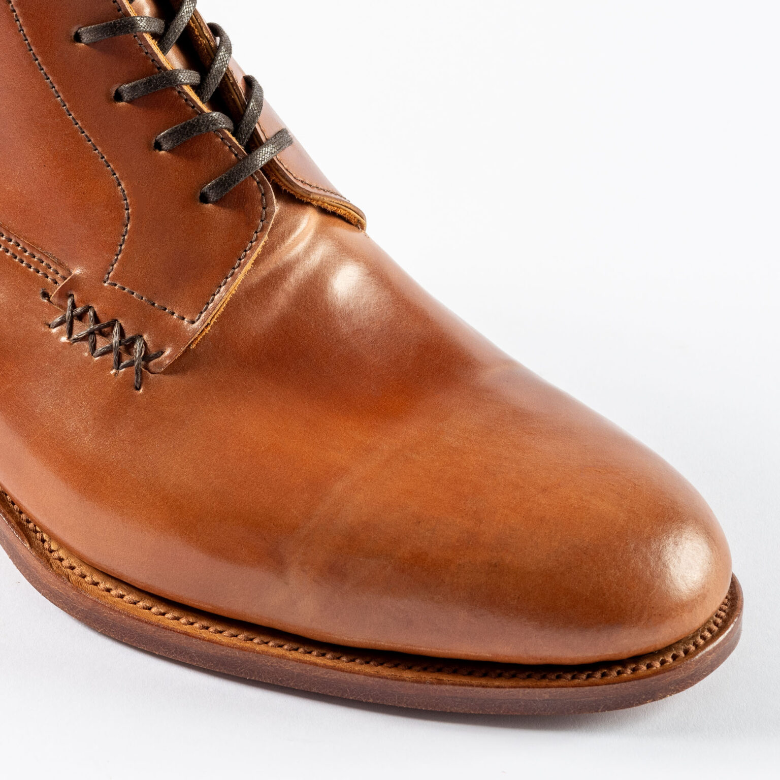 Close of vamp and toe on Daneville 'Komrade' WWI Boot in Bourbon Horween Shell Cordovan