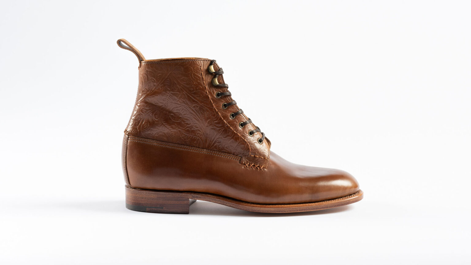 Side view of Daneville 'Komrade' WWI Boot in Bourbon Floral Horween Shell Cordovan