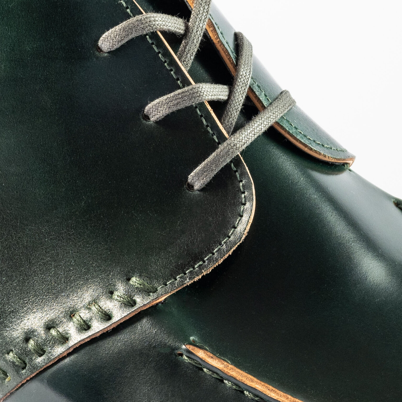 Closeup of ladder stitching on quarters of Edgware Ankle Boot in Green Horween Shell Cordovan