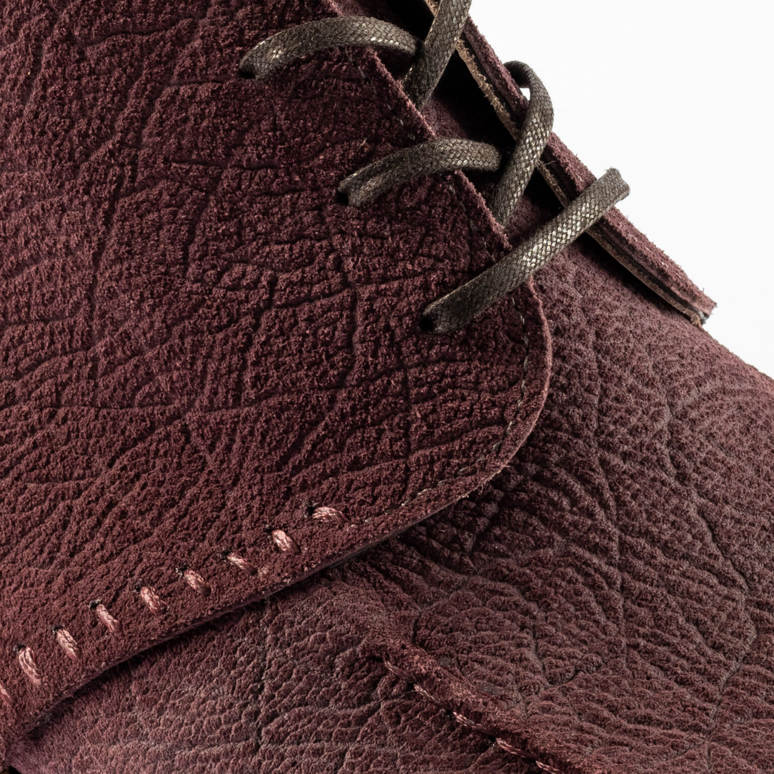 Closeup of ladder stitching on quarters of Edgware Ankle Boot in Dark Tobacco CF Stead Janus Calf with Ernest emboss