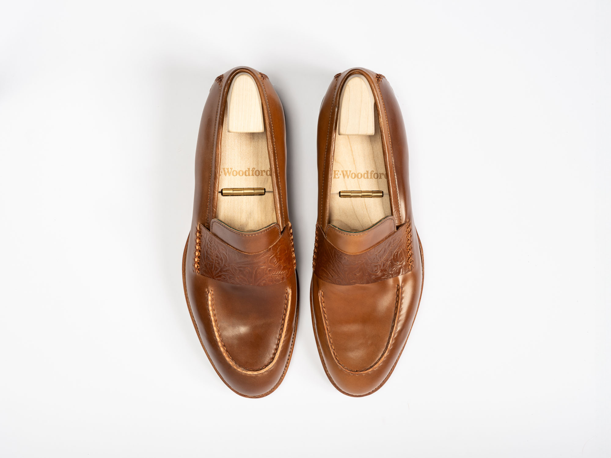 Aerial view of E.Woodford Fen Loafer in Bourbon Horween Shell Cordovan