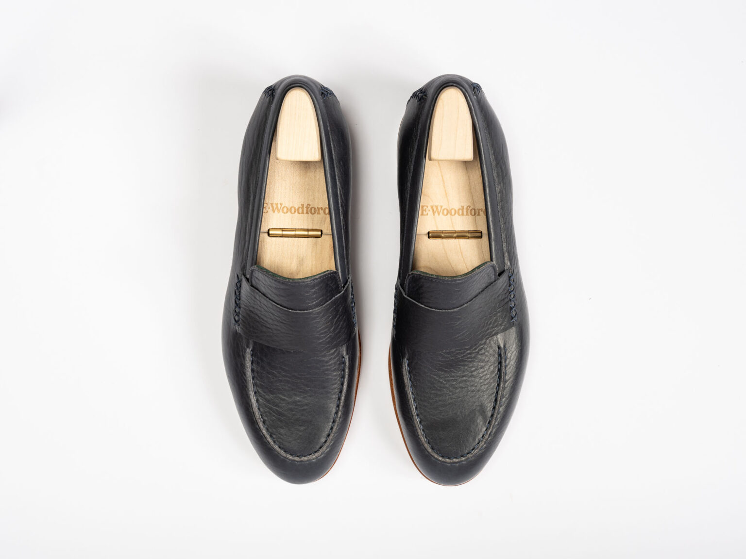 Aerial view of Fen Baseball Loafer in Navy Horween Veg Tanned Bison