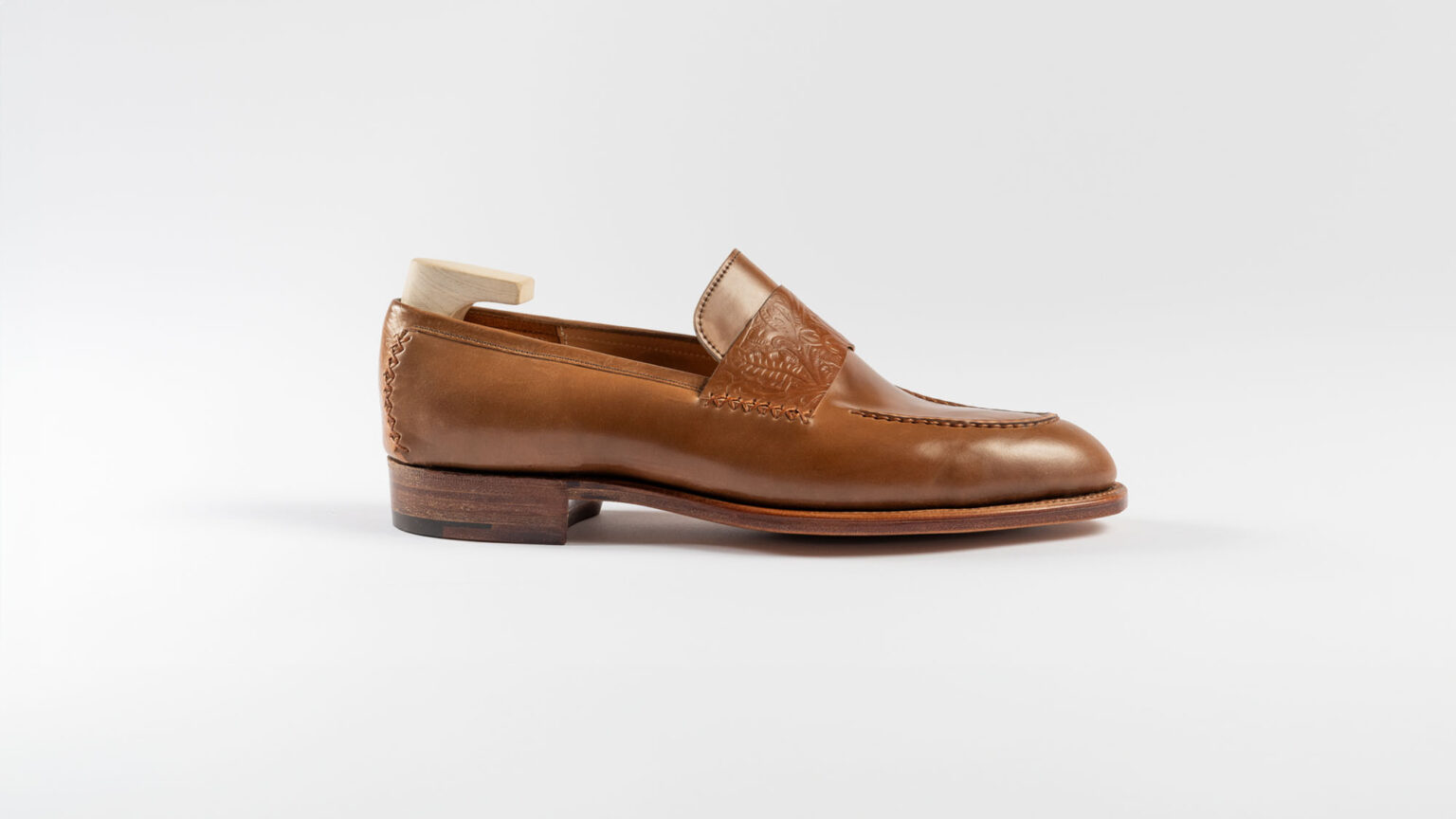 Side view of Fen Baseball Loafer in Bourbon Floral Horween Shell Cordovan