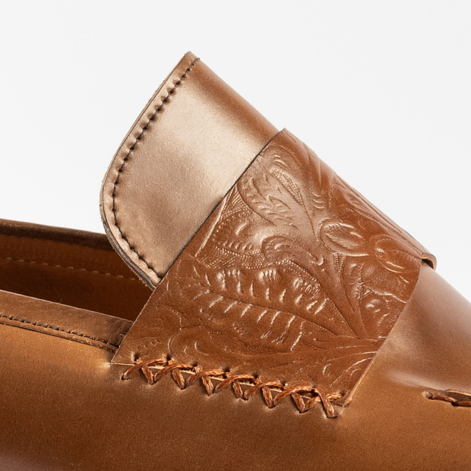 Side view closeup of Fen Baseball Loafer in Bourbon Floral Horween Shell Cordovan