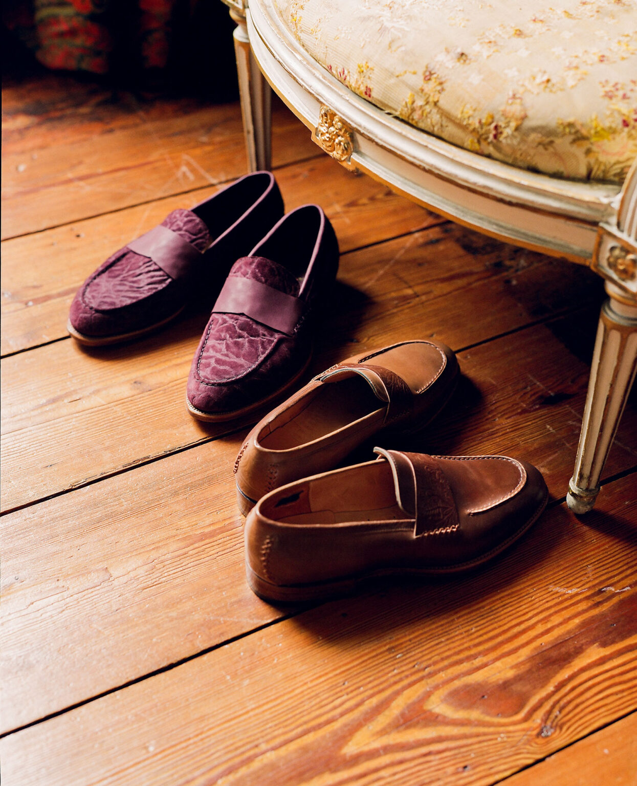 Fen Baseball Loafer in Nordic Red CF Stead Janus Calf with Edwin emboss and Bourbon Floral Horween Shell Cordovan