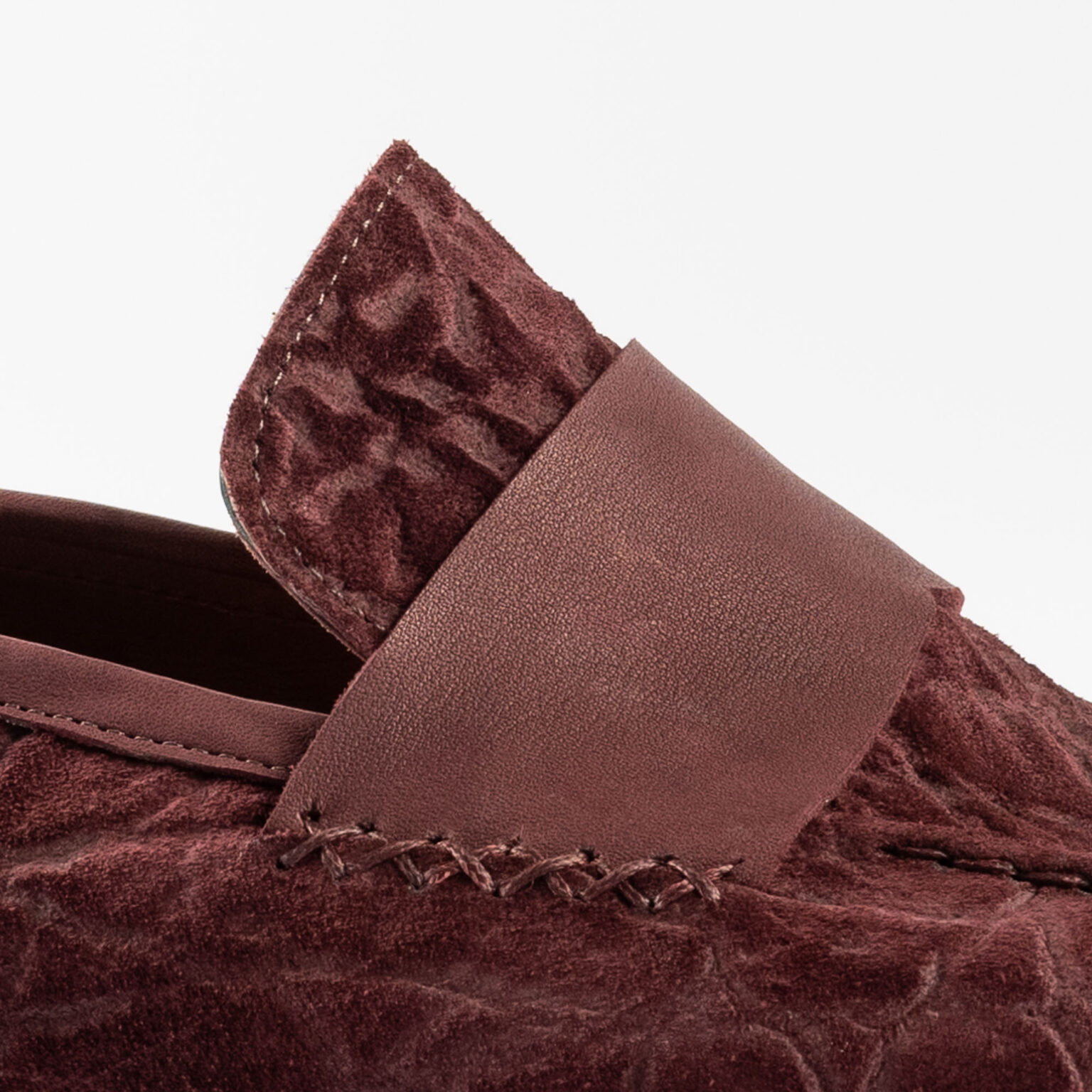 Side view closeup of Fen Baseball Loafer in Nordic Red CF Stead Janus Calf with Edwin emboss