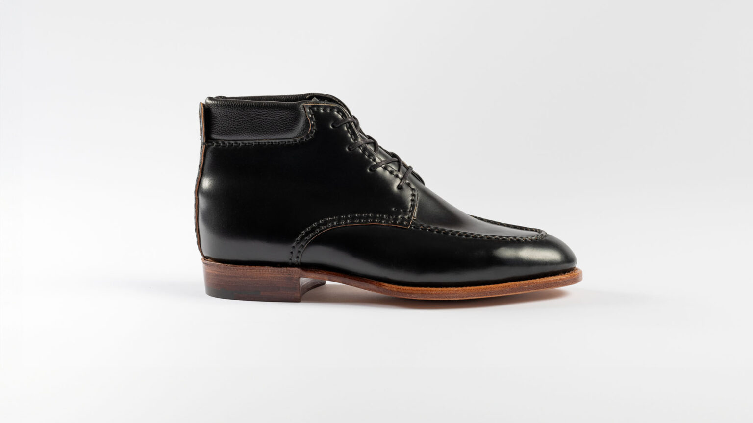 Side view of Foxley Padded Ankle Boot in Black Horween Shell Cordovan