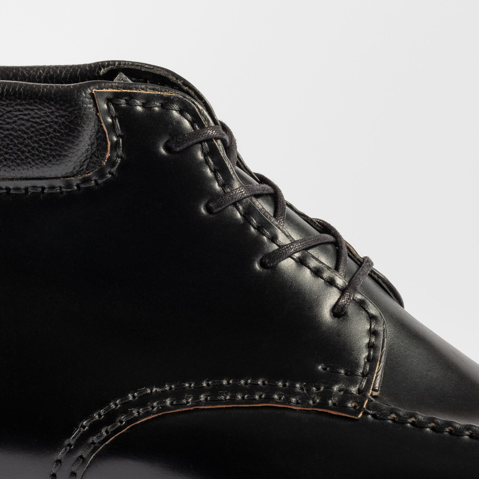 Side closeup of Foxley Padded Ankle Boot in Black Horween Shell Cordovan