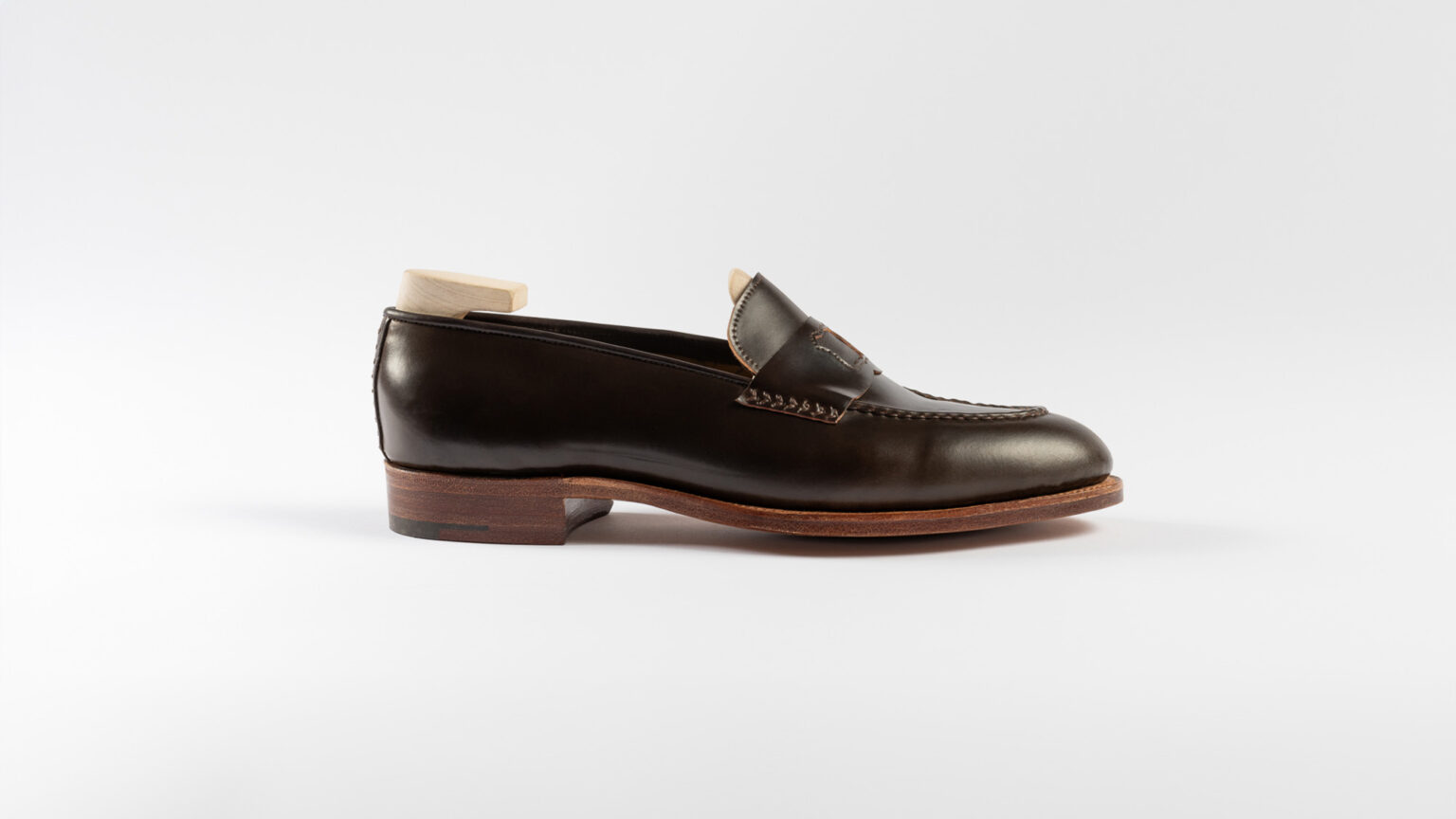 Side view of Watling Penny Loafer in Dark Cognac Horween Shell Cordovan