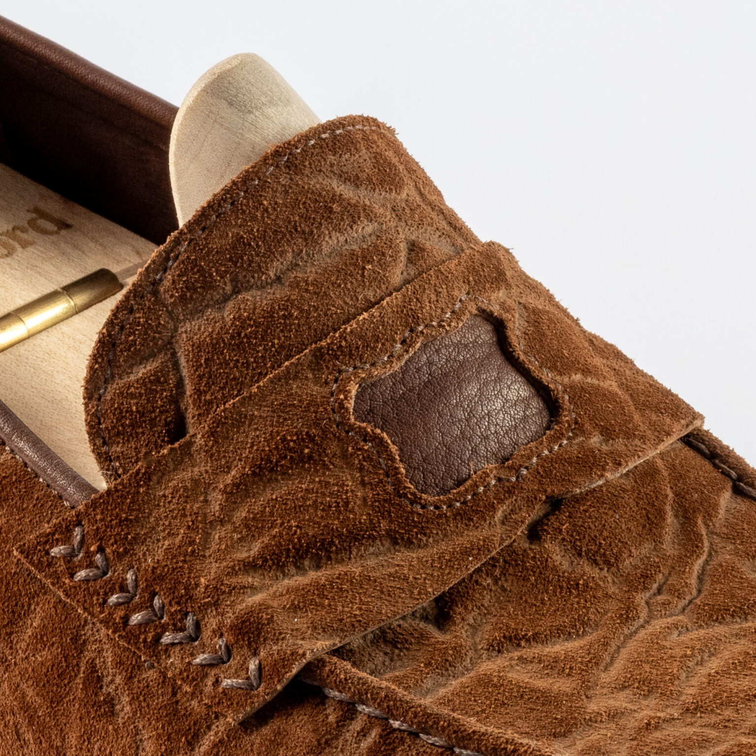 Closeup of penny strap on Watling Penny Loafer in Dark Chestnut CF Stead Janus Calf