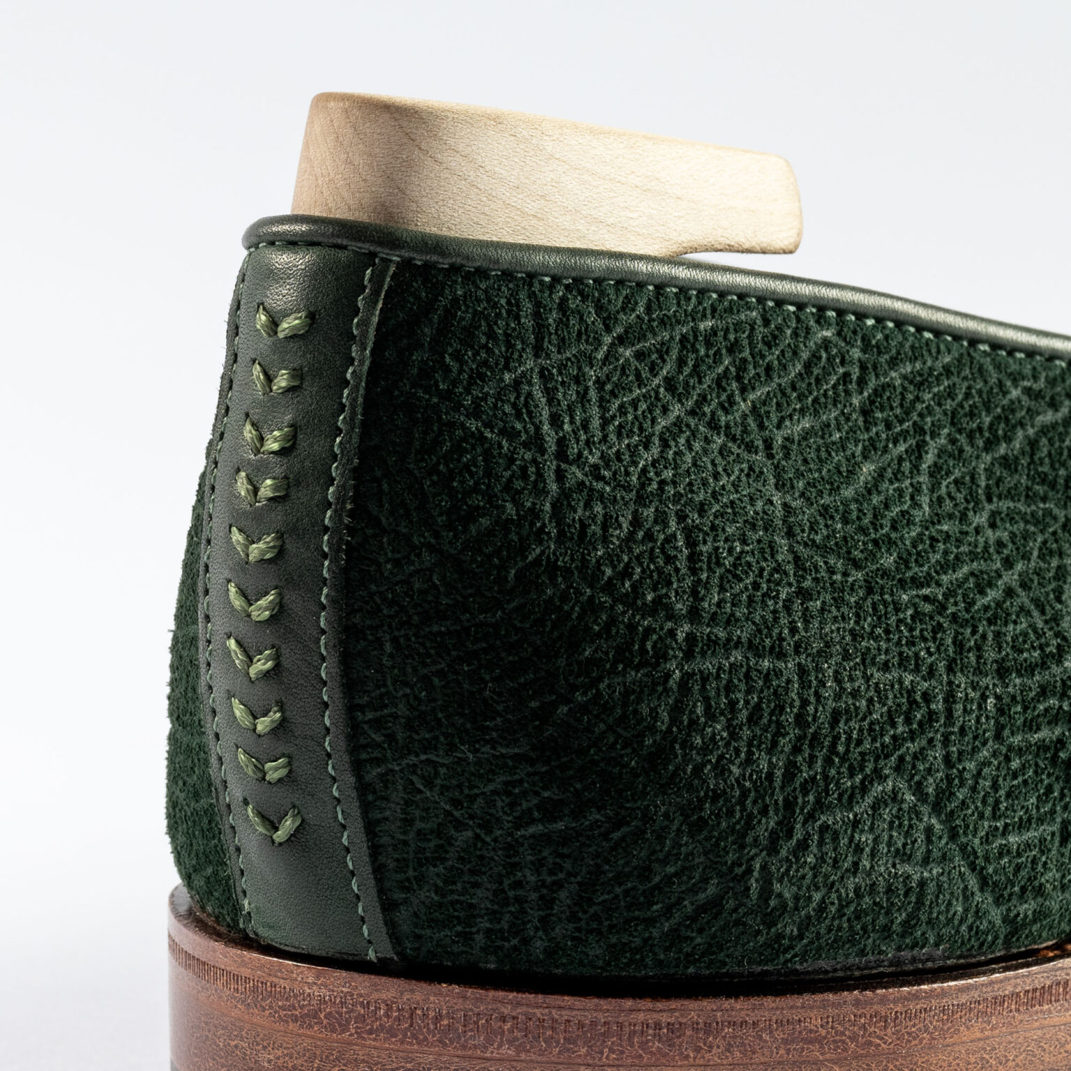 Close up of heel on Watling Penny Loafer in Racing Green CF Stead Janus Calf