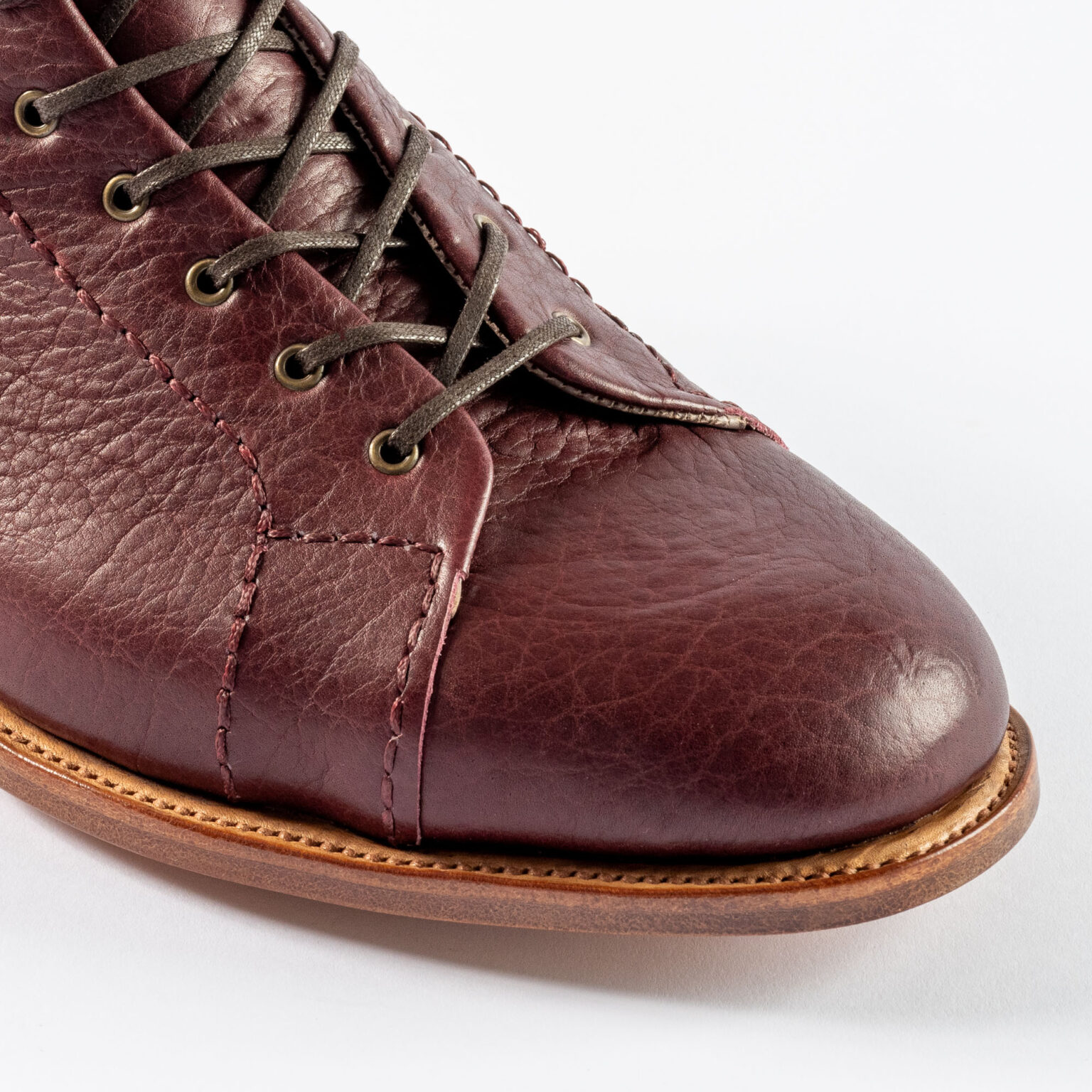 Closeup of vamp and toe on Woburn Monkey Boot in Nordic Red Horween Veg Tanned Bison