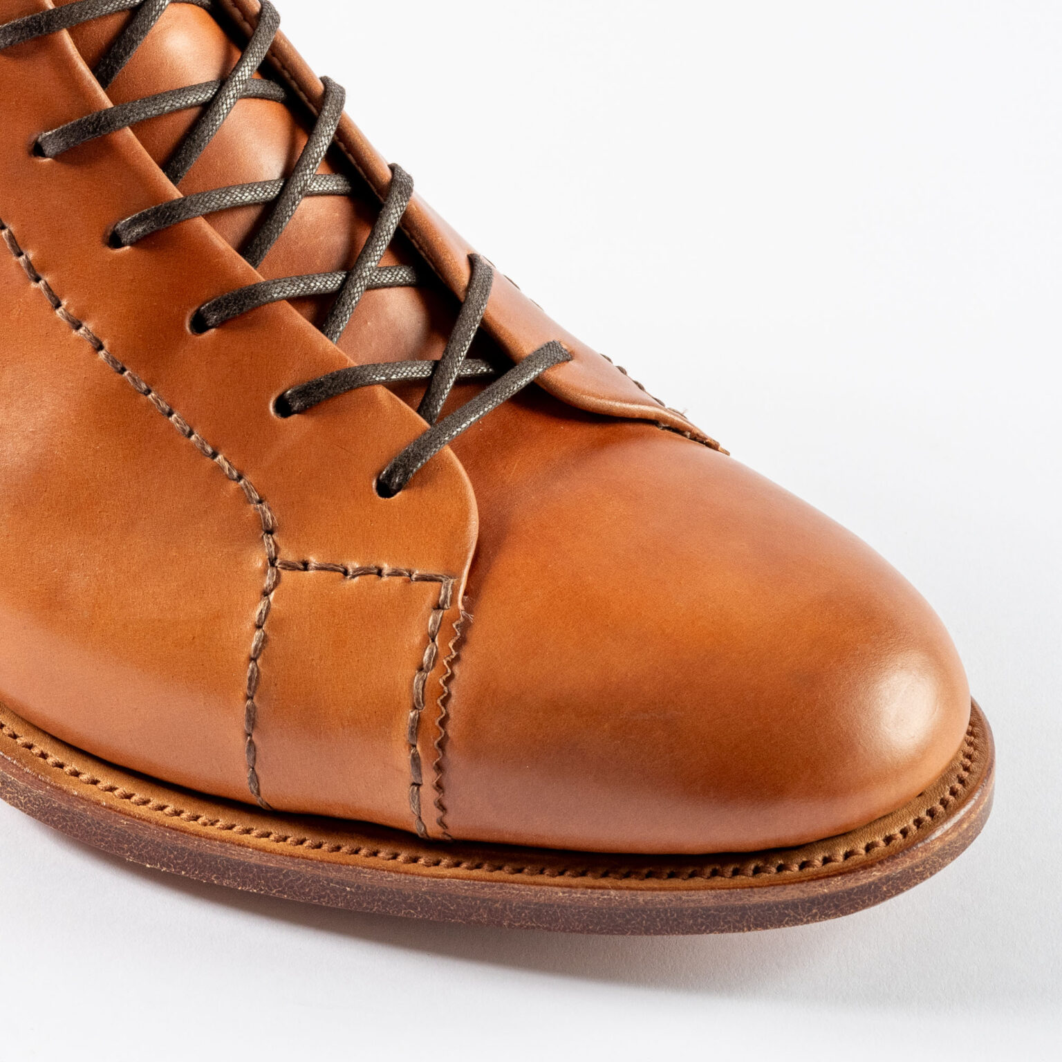 Closeup of vamp and toe of Woburn Monkey Boot in Armagnac Horween Shell Cordovan